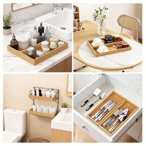 Bamboo Drawer Organizer, Stackable Utensil Trays for Kitchen, Wood Silverware Organizer for Drawer, Set of 2-15"x6"x2" - view 3