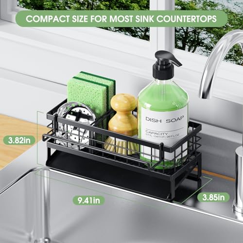 Self-Draining Kitchen Sink Caddy, Rustproof Non-Slip Metal Sponge Holder with Detachable Dish Cloth Holder (Black) - view 2
