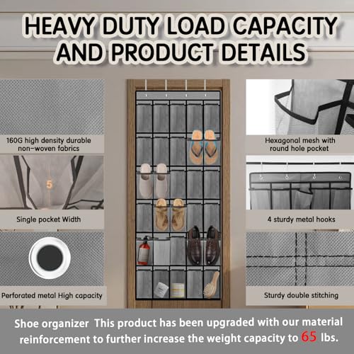 Over the Door Shoe Organizer with 30 Breathable Mesh Pockets - Large Capacity Closet Storage for Men & Women, Hanging Shoe Rack Organizer (Gray) - view 2