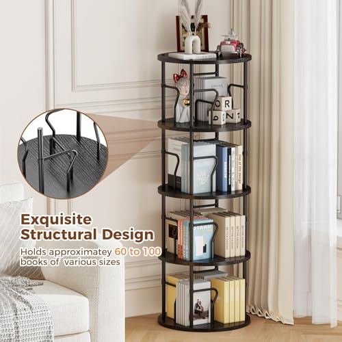 4 Tier Rotating Bookshelf Tower, 360° Display Round Bookcase, Floor Standing Corner Revolving Bookshelf Organizer Storage Rack for Small Spaces, Home Study Office, Black - view 3