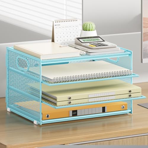 4 Tier Paper Organizer with Handle,Letter Tray Blue Desk Organizer Set - view 2
