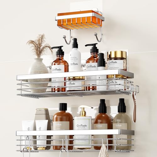 Adhesive Shower Caddy Soap Dish Holder Shelf with 5 Hooks Bathroom Organizer Basket Kitchen Storage Rack Wall Mounted No Drilling Stainless Steel - 3 Pack,Silver