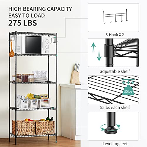 5-Shelf Shelving Storage Unit Multipurpose Heavy Duty Metal Pantry Storage Shelves Wire Rack with Leveling Feet and Hooks Adjustable Shelves for Bathroom Kitchen Garage (23.2Lx13.4Wx59.1H) - view 5