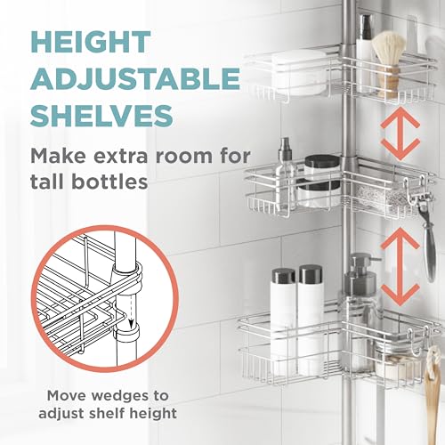 Tension Pole Shower Caddy Corner Organizer, Adjustable Standing Shower Caddy with 4 L-shaped Baskets and Hooks, Rust Resistant Bathroom Tension Rod Organizer, 60 to 97 Inch, Satin Nickel - view 4