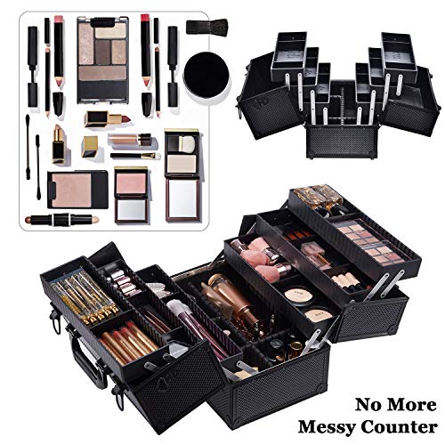 Makeup Train Case Professional Adjustable - 6 Trays Cosmetic Cases Makeup Storage Organizer Box with Lock and Compartments 14 Inch Large Black - view 3