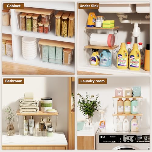2 Set Pantry Organizers and Storage with Bamboo Lids, Stackable Clear Bins for Onion, Potato, Fruit, Vegetables, Trash Bag Dispenser, Kitchen and Under Sink Organizer - view 6