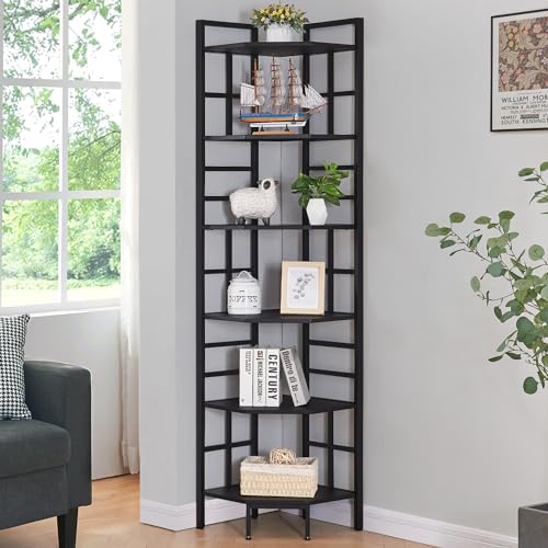 Corner Shelf, 6 Tier Tall Narrow Bookshelf 76.9", Industrial Corner Bookcase with Storage for Home Office Living Room and Bedroom, Black