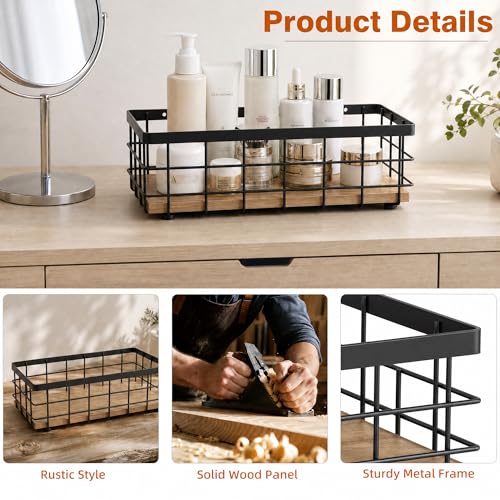 Small Metal Wire Basket, Decorative Wood Base Organizer for Bathroom, Kitchen, Basket for Toilet Paper Storage, Sugar Packet, Coffee Syrup, Guest Towel, Napkin - view 6