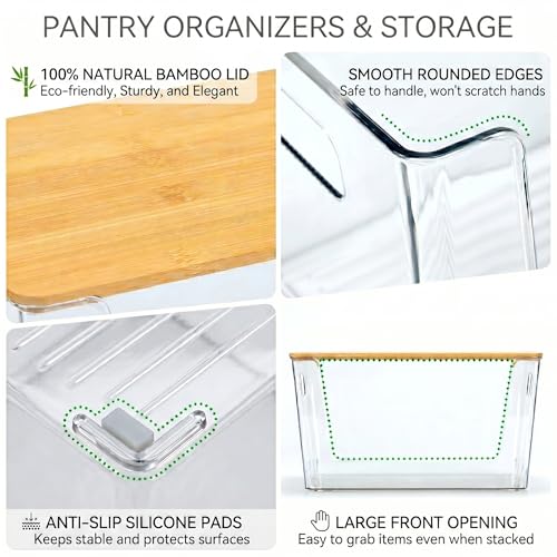 6 Pack Clear Stackable Storage Bins with Bamboo Lids, Trash Bag Holder Dispenser Under Sink Organizer for 4-13 Gal Bags, Plastic Storage Containers for Pantry Bathroom Kitchen Organization - view 3