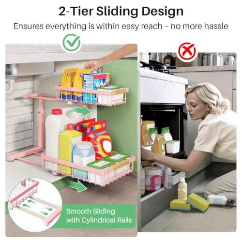 Under Sink Organizer, 2 Tier Under the Sink Storage, Slide out Pull out Cabinet Organizer Shelf, Metal Sliding Drawer for Kitchen Bathroom Pantry Closet Organization Rack, Pink, 2 Pack - view 3