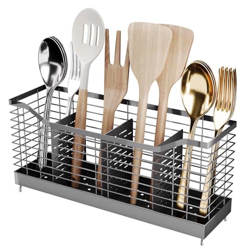 Extra Large Kitchen Utensil Holder Exquisite And Durable Kitchen Utensil Organizer，Knife Fork Spatula Utensils Drainage Rack Basket Accessories With Hooks, Rust Proof，Non-Slip Feet（4compartments）