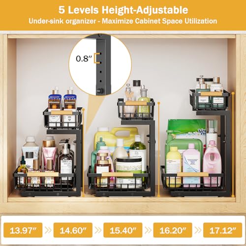 CARQSENG Under Sink Organizer 16" Deep Pull Out, 2 Tier Height-Adjustable (13.8-17in) Under Sink Organizers and Storage, Metal Under Sink Drawers Slide Out for Kitchen Bathroom - view 3