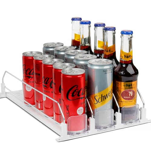 Drink Organizer for Fridge – 3-Tier Can Dispenser for Fridge, Self-Pushing Drink Dispenser Fridge, Adjustable Width Durable Soda Can Organizer for Refrigerator