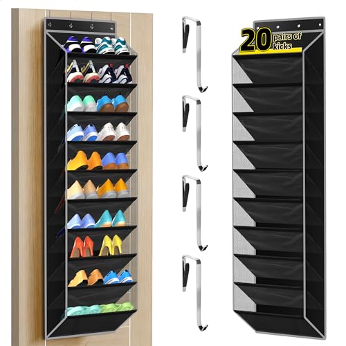 10-Pocket Multi-Use Over the Door Organizer, Heavy Duty 95lbs Capacity with Breathable Mesh, Versatile Hanging Storage for Shoes, Toys, Office Supplies-Classic (Black, 10-Shelf)
