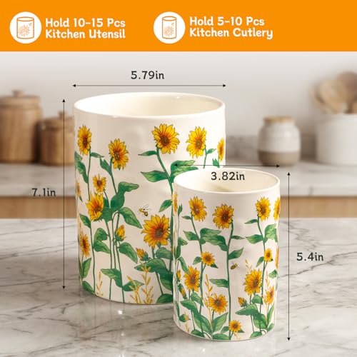 Sunflower Utensil Holder, 7.1"+5.4" Ceramic Utensil Holder for Kitchen Counter, Cooking Utensil Crocks for Countertop, Utensil Storage Container Organizer for Spoon, Sunflower Farmhouse Kitchen Decor - view 2