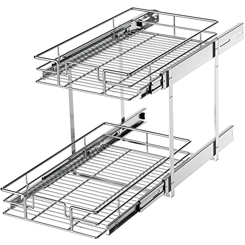 2 Tier Individual Pull Out Cabinet Organizer 11" W x 18" D, Slide Out Kitchen Cabinet Storage Sliding Shelves