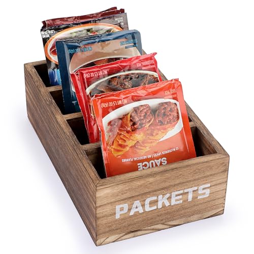Seasoning Packet Organizer, Food Packet Storage Organizer with 4 Compartments, Wooden Storage Caddy for Kitchen Pantry Cabinet, Farmhouse Kitchen Organization Bin for Snacks Spice Packets