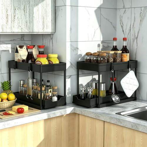 Under Sink Organizer 2 Pack, Bathroom Cabinet Organizer, 2 Tier Sliding Cabinet Basket Organizer Drawer, Multi-Purpose Bath Collection Baskets for Bathroom (Black) - view 5