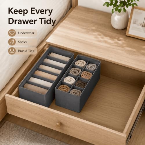 Drawer Organizer Foldable Storage Bin, 1 Pack Stackable Fabric Box for Lingerie Socks Underwear Bras, 6 Compartment Collapsible Insert for Closet Bedroom Travel Gray - view 5