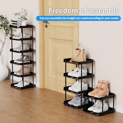 6 Tier Vertical Narrow Shoe Rack, Stackable Tall Skinny Shoerack, Compact Single Shoes Storage Tower for Slim Space, Corner Plastic Shelves, for Hallways, Entryway, Bedrooms Organizer, Black - view 4