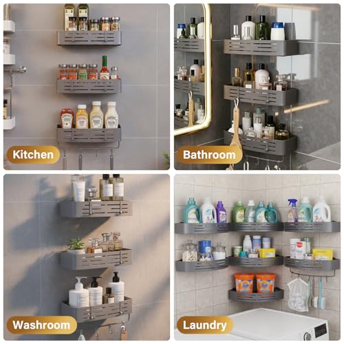 3-Tier No-Drill Storage Caddy with Hooks&Towel Bar,Organizing Solution for Bathroom,Shower&Kitchen,Holds Shampoos,Soaps,Sponges&Cleaners,Rectangle - view 6