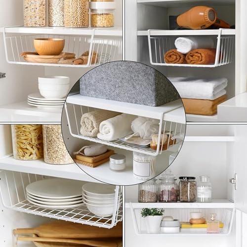 4 Pack White Under Shelf Wire Basket Hanging Storage Baskets, Under Cabinet Add-on Storage Racks Slide-in Baskets Organizer for Kitchen Pantry Desk Bookshelf - view 3