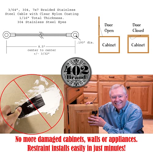 Stainless Steel Cabinet Door Restraint Kit. Made in USA. Flexible Braided Cable. Cupboard Hinge Limiter. Restrict Cabinet Door Swing. Limit Door Opening Angle. - view 5