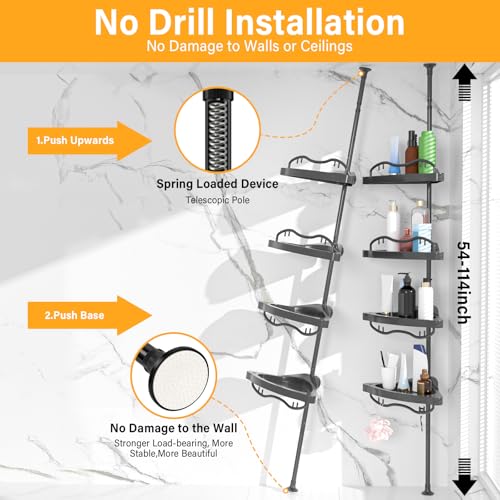 Black Corner Shower Caddy Tension Pole - Heavy Duty Rustproof Stainless Steel Shower Organizer with 4 Adjustable Shelves, No-Drill Free Standing for Bathroom, Bathtub, RV,54" to 114" Tall - view 2
