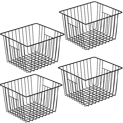 Freezer Storage Baskets, Pantry Storage Wire Basket Organizer Bins Refrigerator Bin with Built-in Handles for Cabinets, Pantry, Closets, Bedrooms - Set of 4 Black, Black,11"x 10"