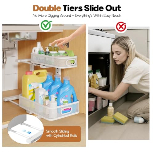 2 Pack Under Sink Organizer With Smooth Cylindrical Rail,2-Tier Pull Out Multi-Purpose Cabinet Storage for Bathroom&Kitchen,Height Adjustable,Rust-resistant Coating-White - view 3