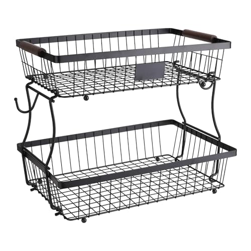 2-Tier Stackable Wire Basket with 2 Banana Hooks, Pantry Organizer for Kitchen Countertops, Cabinets & Under-Sink Spaces; Ideal for Storing Snacks, Fruits, Veggies, Onions, Potatoes, & More,Black