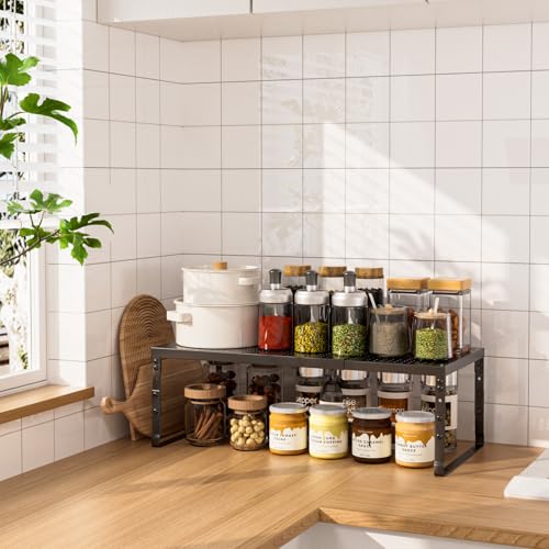 Expandable Adjustable Cabinet Shelf Organizer - Stackable Metal Spice Rack for Kitchen Pantry, Countertop, Cupboard & Bathroom (1Pack/Black,Large) - view 2