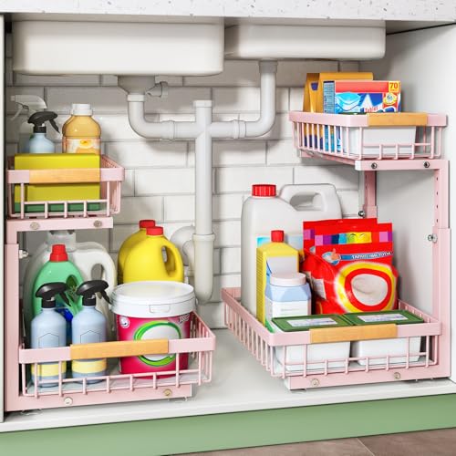 Under Sink Organizer, 2 Tier Under the Sink Storage, Slide out Pull out Cabinet Organizer Shelf, Metal Sliding Drawer for Kitchen Bathroom Pantry Closet Organization Rack, Pink, 2 Pack