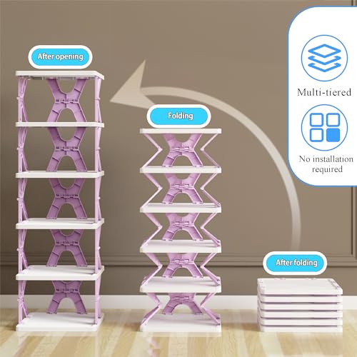 6 Tier Kids Shoe Rack, Collapsible Shoe Rack for Kids' Rooms, Foldable Vertical Shoe Organizer for Front Door Entrance, Compact Shoe Storage Shelf for Narrow Spaces - view 3