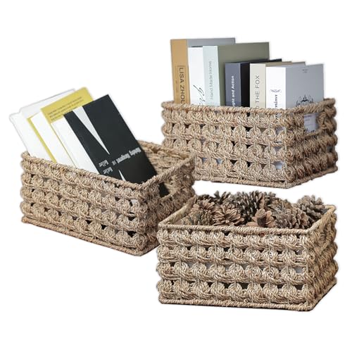 Wicker Storage Baskets, Seagrass Baskets for Counter Organizing, Handwoven Rectangular Baskets for Shelves, 11 x 7.5 x 6 Inch, 3-Pack, Natural Seagrass Color