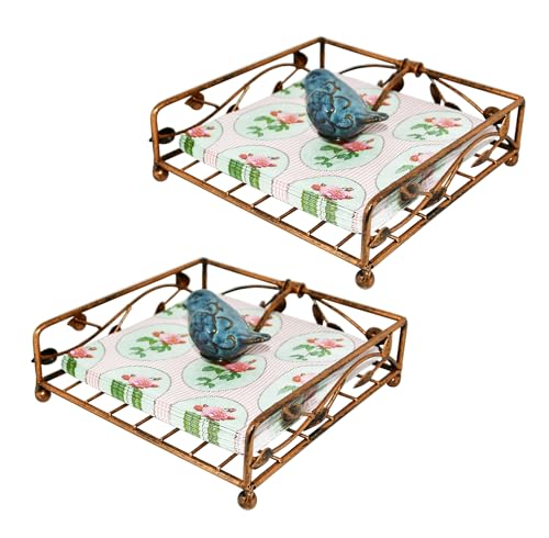 Collection Set of 2 Bronze Coated Metal Flat Napkin Holder Dispensing Stand w/Ceramic Bird, Kitchen and Countertop Flat Napkin Storage Organizer - view 2