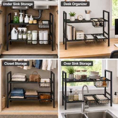 Expandable Under Sink Organizer, 2 Tier Under Sink Shelf, Height Adjustment, Under Sink Shelves with 3 Removable Baskets and 3 Removable Panels for Bathroom Kitchen Pantry Cabit black 21.65in - view 7