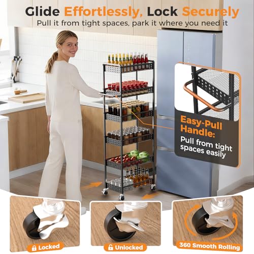 6 Tier Slim Storage Cart with Wheels, 10" D Rolling Storage Cart for Small Space, Metal Narrow Spice Cabinet Mobile Shelving Unit Organizer with Handle for Kitchen, Laundry - Black - view 5
