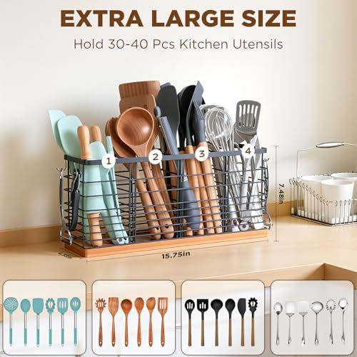 4 Compartments Extra Large Kitchen Utensil Holder with Wooden Base, Metal Organizer for Kitchen Countertop, Matte Black Cooking Utensils Holder with 4 Hooks for Tools Storage - view 2