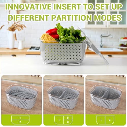 Fresh Produce Vegetable Fruit Storage Containers 3Piece Set, BPA-free Fridge Storage Container, Partitioned Salad Container, Fridge Organizers, Used in Storing Fruits Vegetables, Gray - view 2