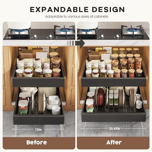 4Pack Expandable Pull Out Cabinet Organizer 21"Deep With Raising Pad for Framed Cabinets,Slide Out Drawers with 4pcs Divider Racks,Roll Out Shelves Adhesive,Adjustable Width 12.05"-20.4"Black - view 3