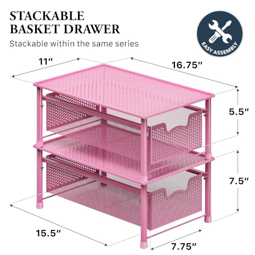 Stackable Cabinet Basket Drawer Organizer, Pink - view 2