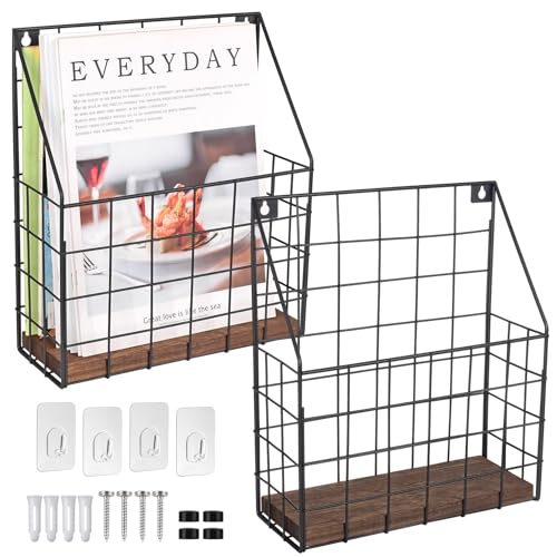 Mail Holder Magazine Basket 2Pack Black Wall Mount File Organizer Wood Rack