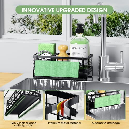 Self-Draining Kitchen Sink Caddy, Rustproof Non-Slip Metal Sponge Holder with Detachable Dish Cloth Holder (Black) - view 4