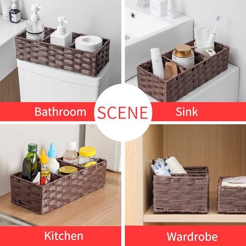 Toilet Tank Topper Paper Basket Multiuse Hand Woven Plastic Wicker Basket Bins with Divider for Shelves Rustic Farmhouse Bathroom Decor Countertop Organizer Storage - view 5