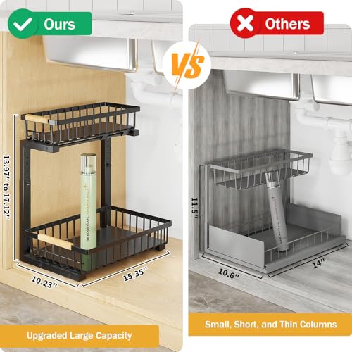 CARQSENG Under Sink Organizer 16" Deep Pull Out, 2 Tier Height-Adjustable (13.8-17in) Under Sink Organizers and Storage, Metal Under Sink Drawers Slide Out for Kitchen Bathroom - view 6