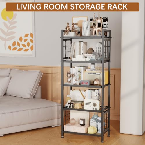5-Tier Pantry Shelves with Wooden Boards, Heavy Duty Storage Shelves & Book Shelf, Adjustable Metal Shelving Unit for Kitchen Bathroom Laundry Organizer, Sturdy Rust-Resistant, Black - view 5