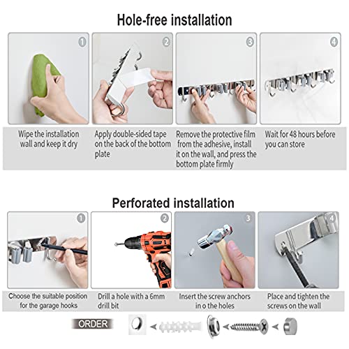 Broom and Mop Holder Wall Mounted, Broom Hanger Storage Rack, Stainless Steel Mop Hanger, Dustpan Holders with 2 Racks and 3 Hooks, Heavy Duty utility hooks for hanging brooms and mops - view 7