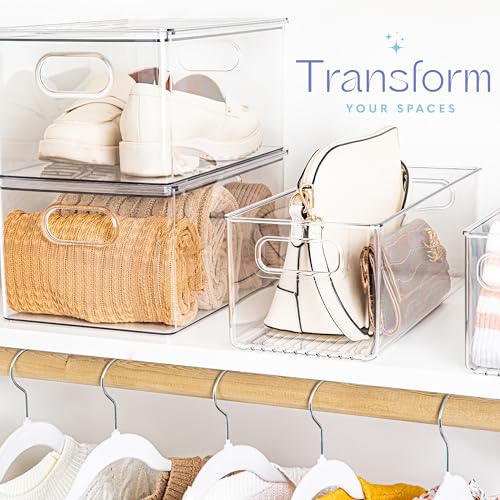 Plastic Food Storage 6 Pack Clear Container Bin with Handles for Organizing Kitchen, Pantry, Refrigerator, Freezer, Pantry, Cabinet, Closet, Bathroom. 16”x6”x5” - view 2