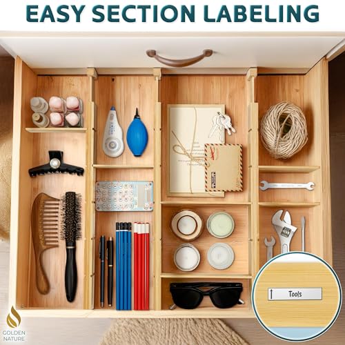 Bamboo Drawer Organizer - with Inserts & Labels, 17-22" - Adjustable Spring Loaded Kitchen Dividers for Utensils & Junk Storage - Expandable Silverware Separators for Organization - view 5